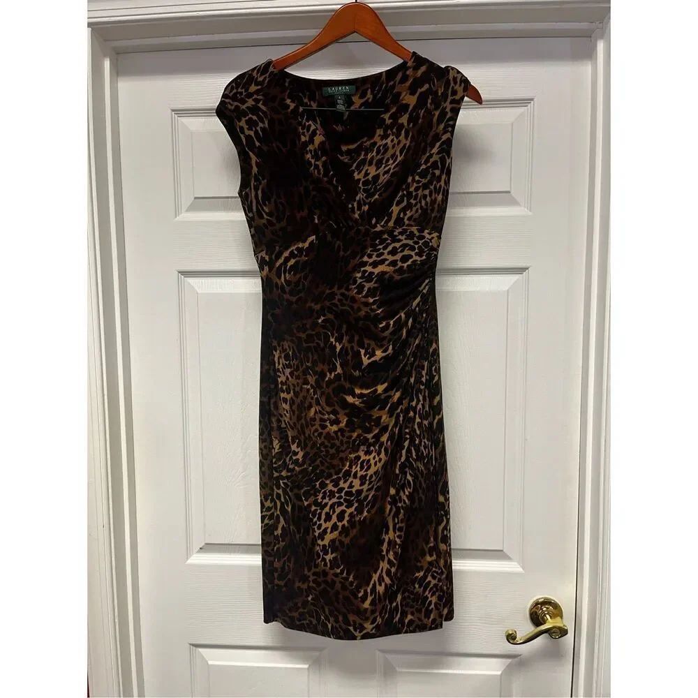 Lauren Ralph Lauren Leopard Print Mob Wife Side Ruched Sleeveless Bodycon Dress